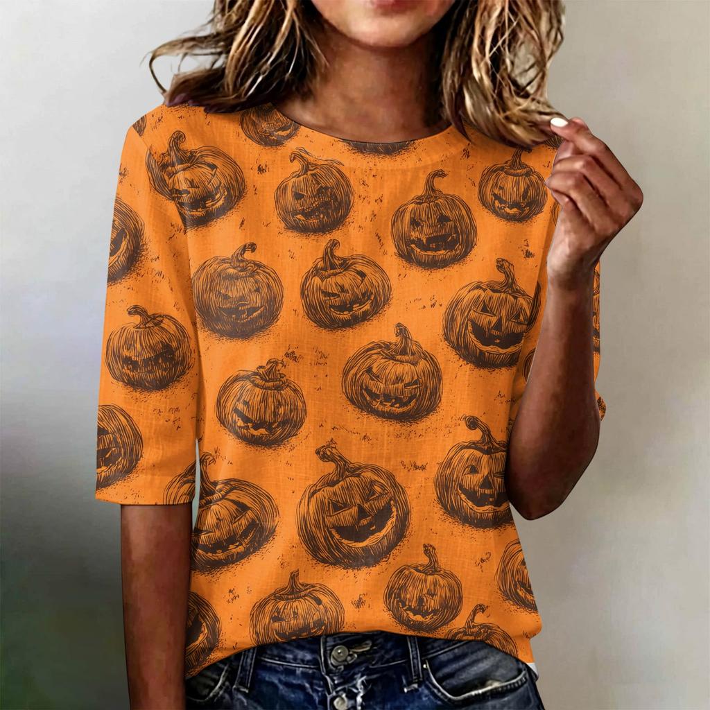 Women's Casual Loose Fit Half Sleeve Top Round Neck Lightweight Comfortable Halloween Pumpkin Print Shirt for Everyday Wear