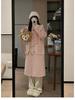 Women's Korean Pink Lambswool Tweed Coat: Winter 2025, Horn Button, Loose Fit