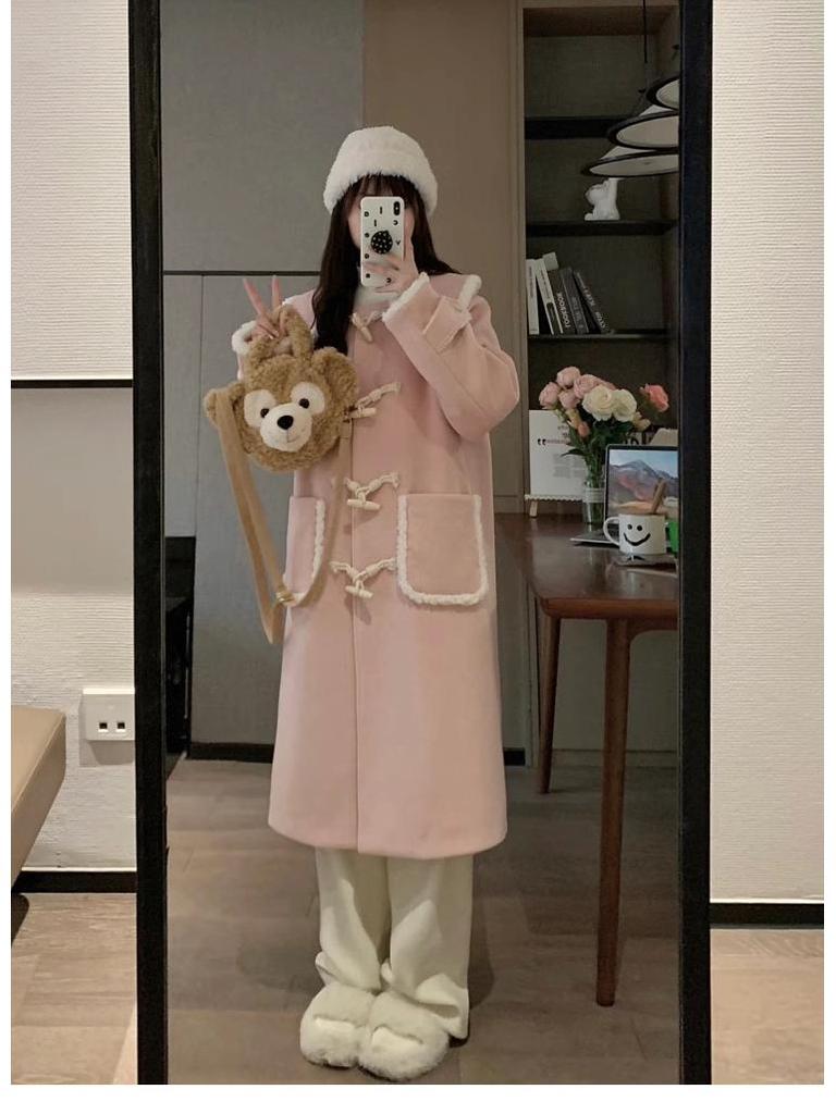 Women's Korean Pink Lambswool Tweed Coat: Winter 2025, Horn Button, Loose Fit