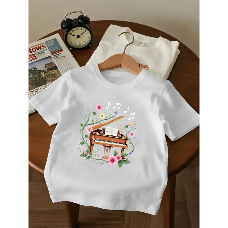 European sizes [Girls  Piano Print T-Shirt] Girls  Short-sleeved T-shirt with Piano Print - Round Neck - Comfortable and Breathable 110 белый