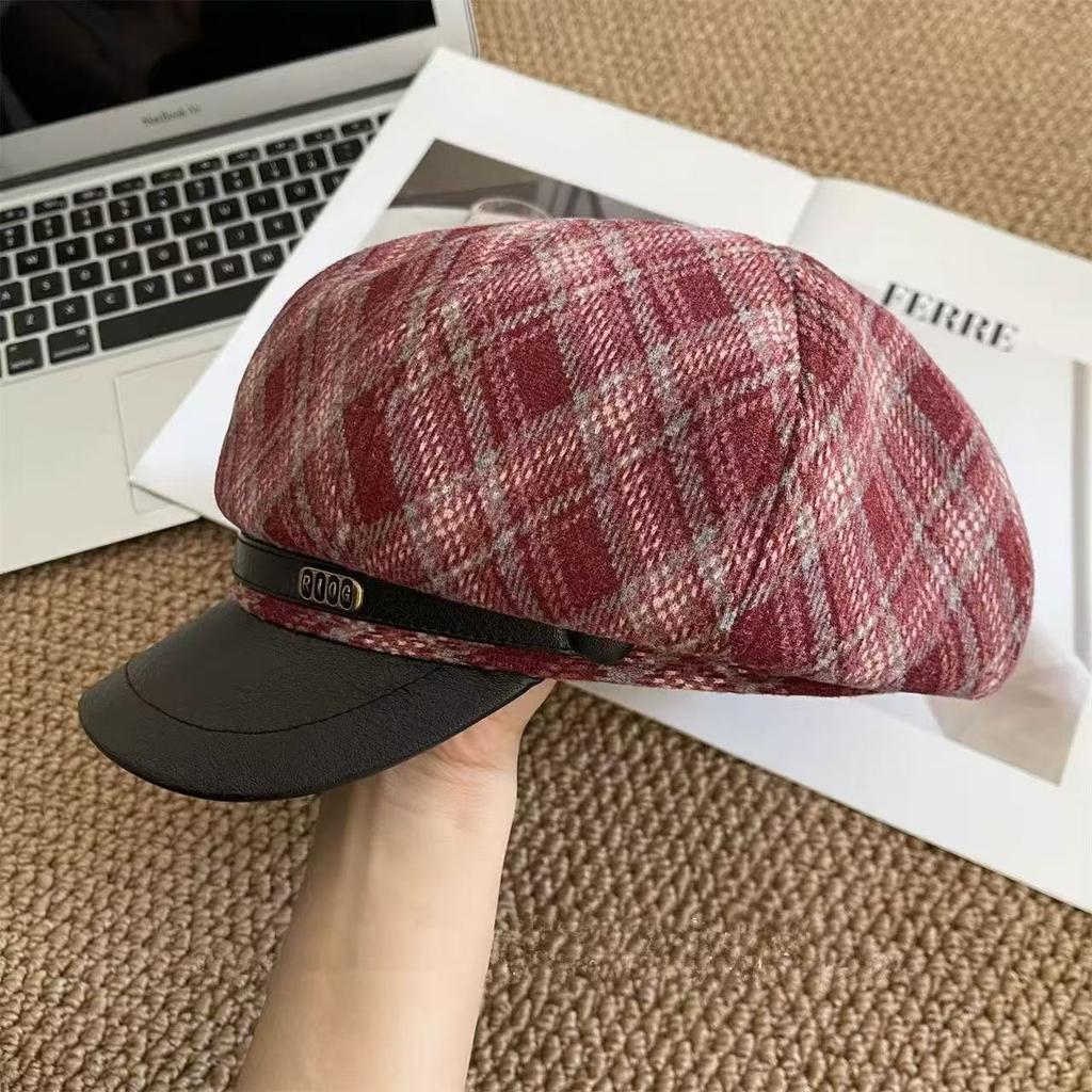 Retro plaid octagonal hat female autumn and winter Maillard wears a leather-brimmed newsboy hat to show her face, a small painter beret