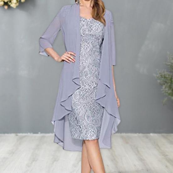 2 Pcs/Set Women Cardigan Dress Set Lace Floral Embroidery O Neck Slim Fit Midi Dress Irregular Three Quarter Sleeve Mid