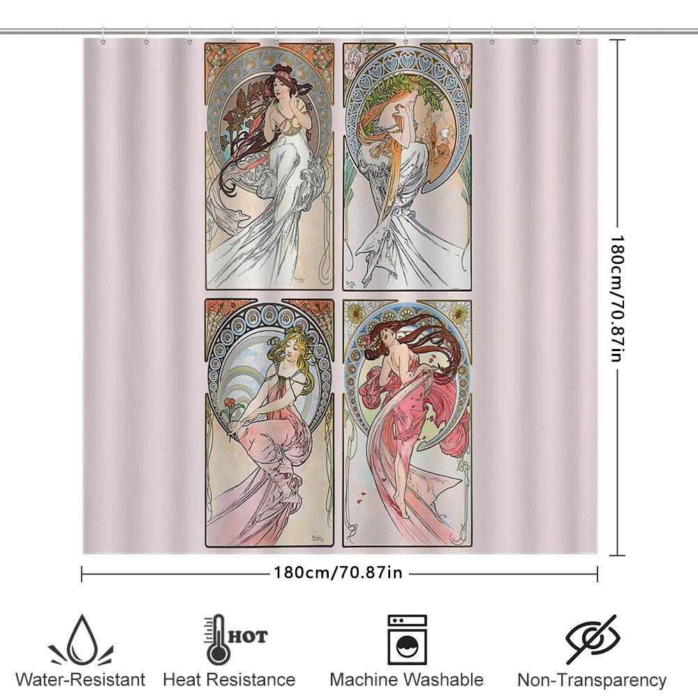 Vintage Art Nouveau Waterfall Shower Curtain Botanical Floral Pattern Bathroom Decor Elegant Backdrop Nature Landscape Home Text