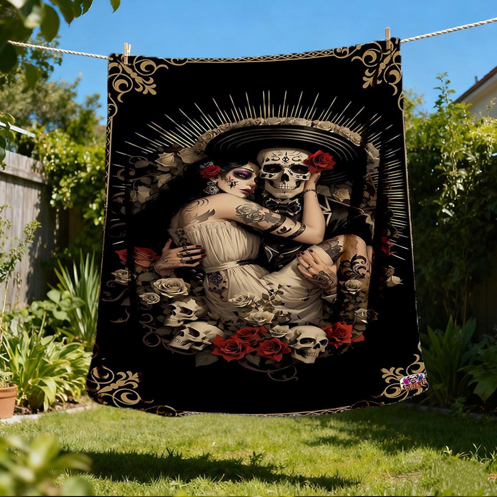 1pc Sugar Skull Outdoor Flannel Blanket, Cozy & Warm Soft Te Playful Design, Napping Camping,
