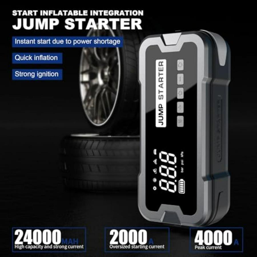 Portable Car Jump Starter 4000A Peak 24000mAh with 150PSI Air Compressor for 12V Gas/Diesel Cars Type-C LCD Display LED Light B