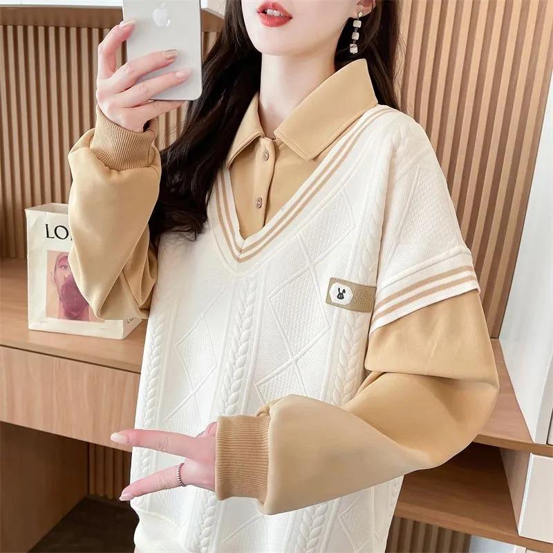 Fake Two Piece Sweatshirt for Women Autumn New Style Loose Design College Style Niche Pullover Long Sleeves
