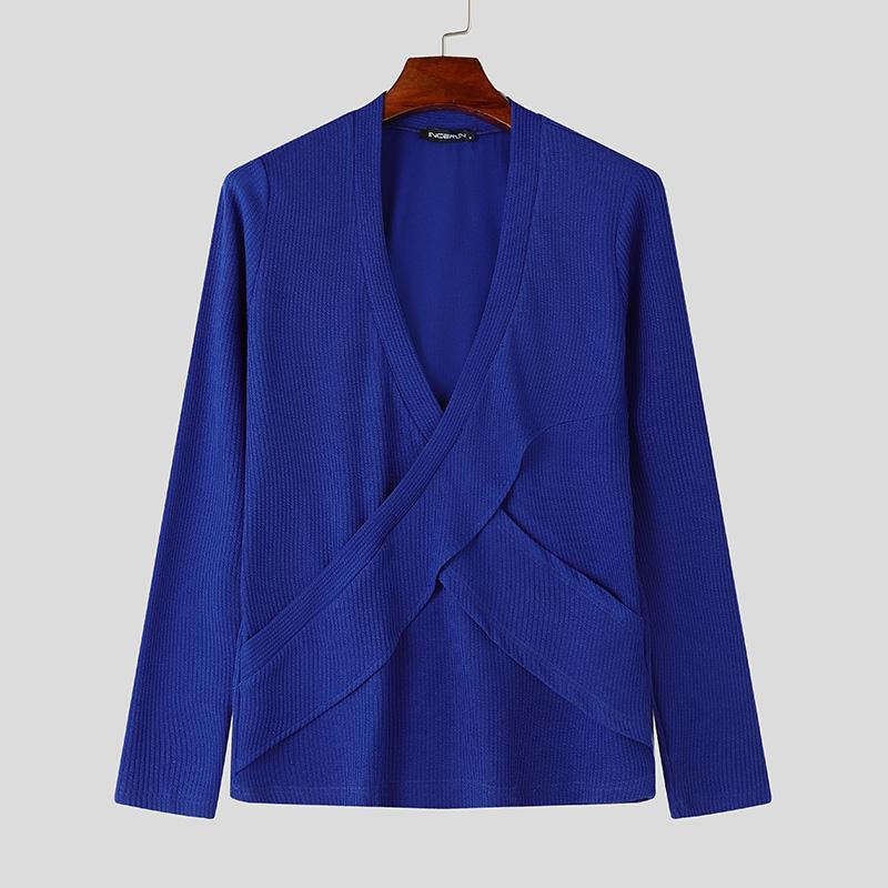 INCERUN Men V Neck Front Cross Long Sleeve Fitted Tops Knitted Rib Undershirts