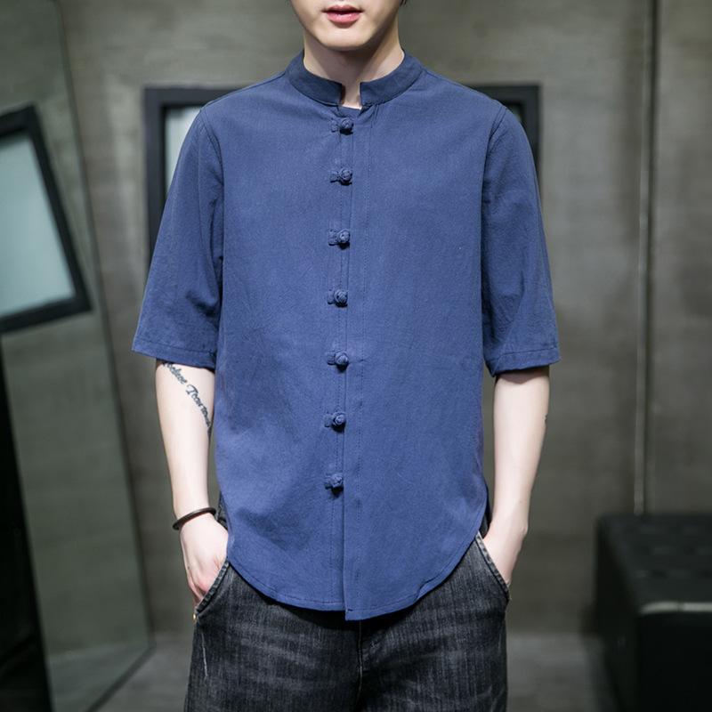 Summer Tang Suit Retro Chinese Style Cotton and Linen Three-quarter Sleeve Shirt Men's Solid Color Stand-up Collar Button Short-sleeved Shirt