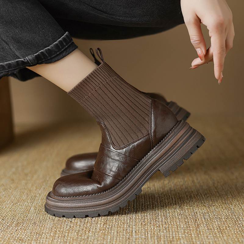Krazing Pot Microfiber Autumn Winter Shoes Thick High Heels Flat Platform Size 43 Motorcycle Boots Knitwear Ankle Boots
