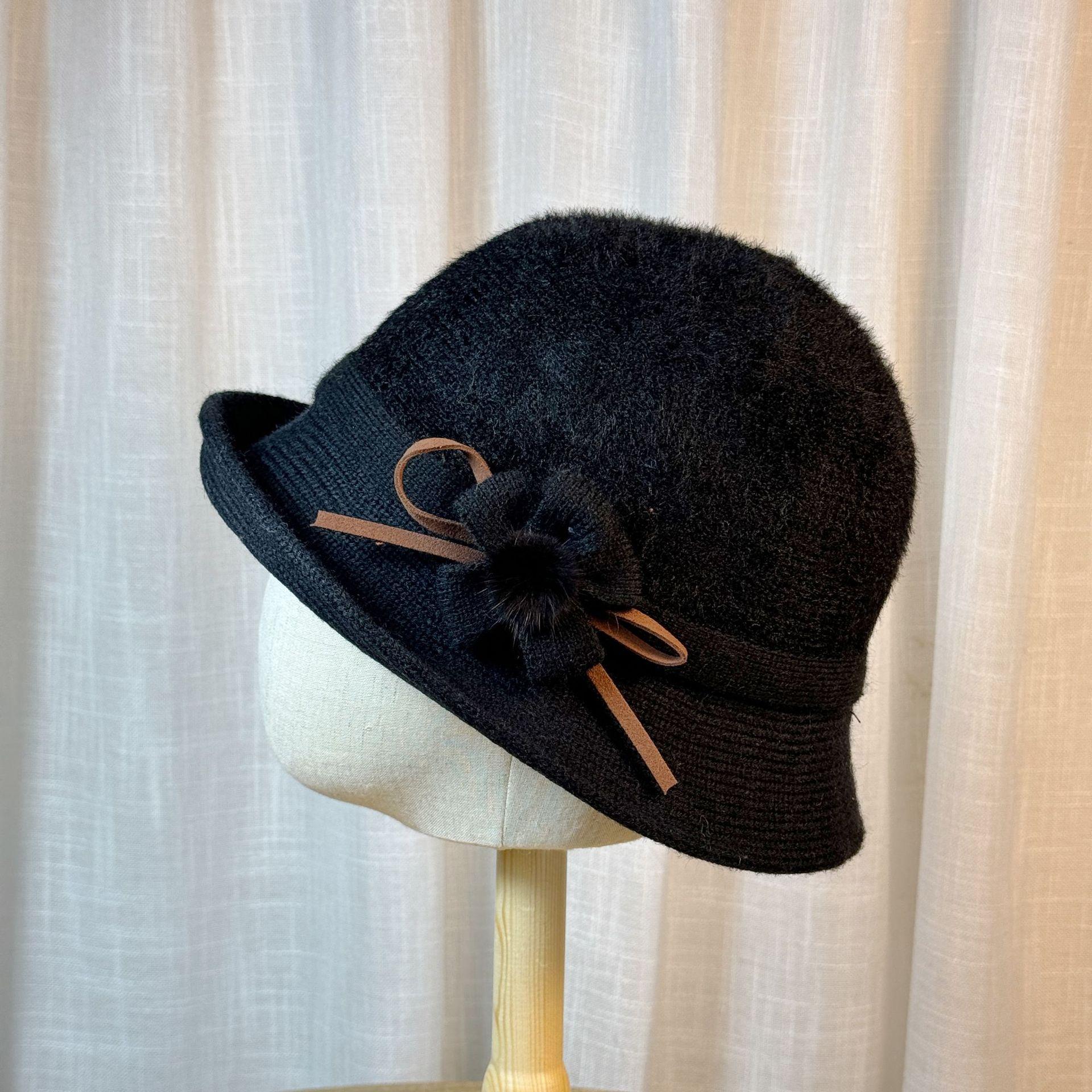 

Hat Female Autumn and Winter Pick-up Mink Basin Hat Middle-aged and Elderly Mother Elegant Top Hat Fashion Flower Hairball Fisherman Hat Adjustable чорний