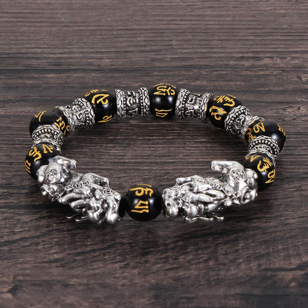 Gifts Black Cuff Bangle Good Luck Buddhism Bead Feng Shui Obsidian Wristband Silver PiXiu Bracelet