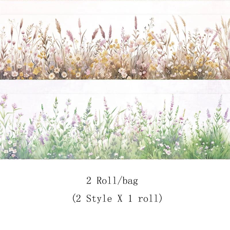 2 Roll PET Tape Green Notebook Flowers Landscape Series Primer Scrapbook Hand Account Stickers Decorative Gift Packaging Tape
