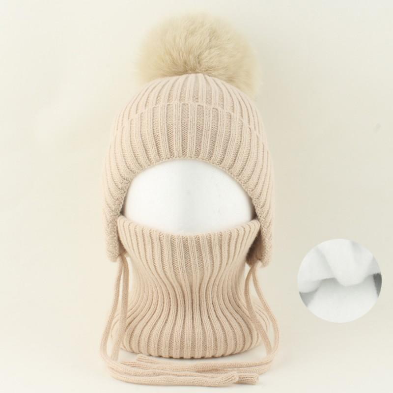 Kids Warm Knitted Hat With Faux Raccoon Fur Pom Matching Scarf Set Winter Cap Boys Girls