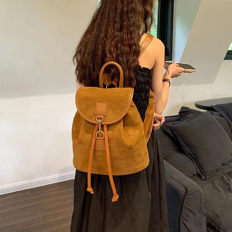 Vintage Velvet Backpack Women 2024 Fashion Casual Backpack All-Match Portable Bucket Bag Girls Schoolbag Large Capacity Handbag