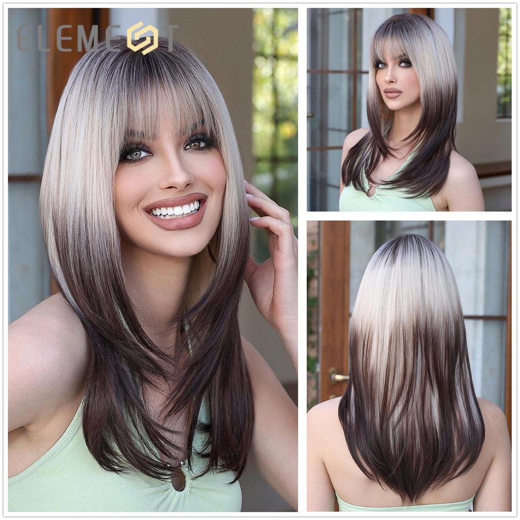 LOUIS FERRE Long Straight Synthetic Wigs for Women White Black Ombre Layered Hair With Bangs Heat Resistant Fiber Wigs for Daily
