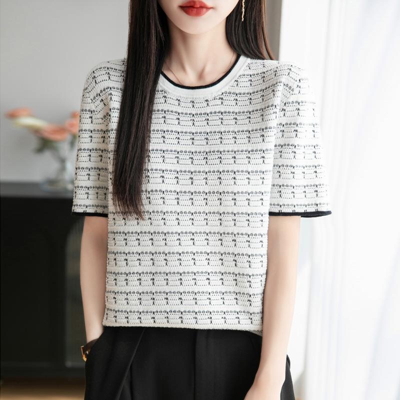Striped Round Neck Knitted T-shirt for Womens Summer Pure Cotton Trendyable and Versatile Short-sleeved Top