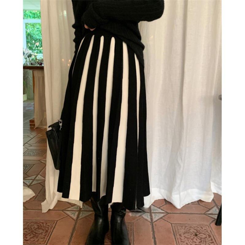 Jupe plissée tricotée taille haute pour femme, verte, longueur moyenne à longue, automne/hiver 2023