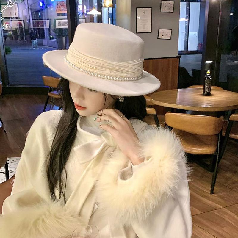 Autumn and Winter New Australian Wool High-quality Hat Pearlescent Yarn Pleated Top Hat French Retro Flat Top Hat