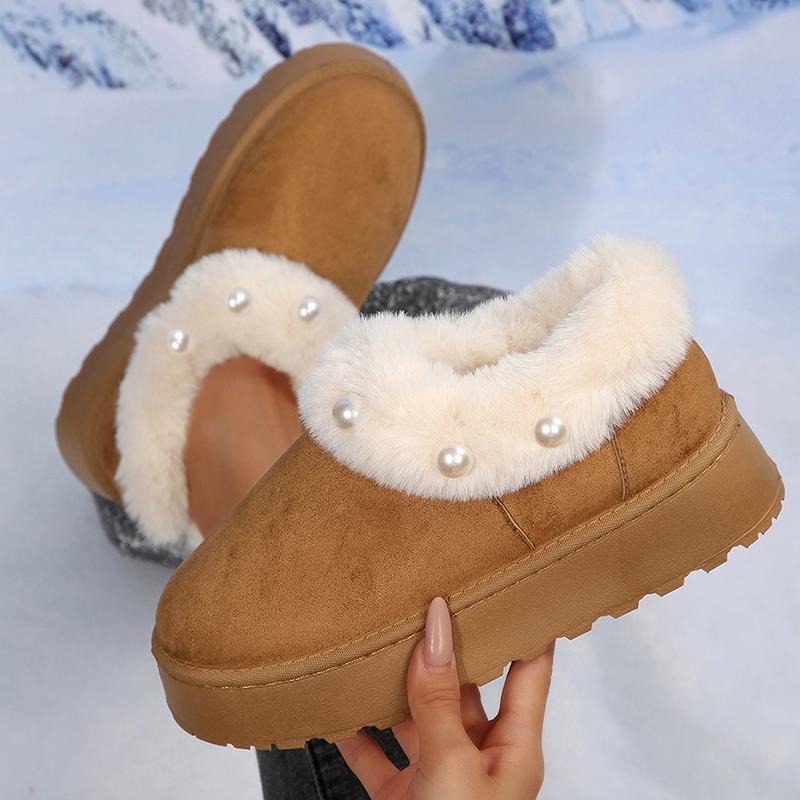 Fluffy Fur Platform Snow Boots Women Fashion Pearls Decor Non Slip Winter Ankle Boots Woman Thicken Plush Warm Cotton Shoes 43