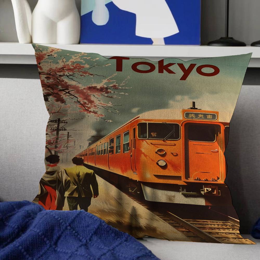 Retro Japanische Landschaft Leinwanddruck Asiatische Eisenbahn Personalisierte Kissenhülle Kinderzimmer Wilde Party Dekor Kissenbezug