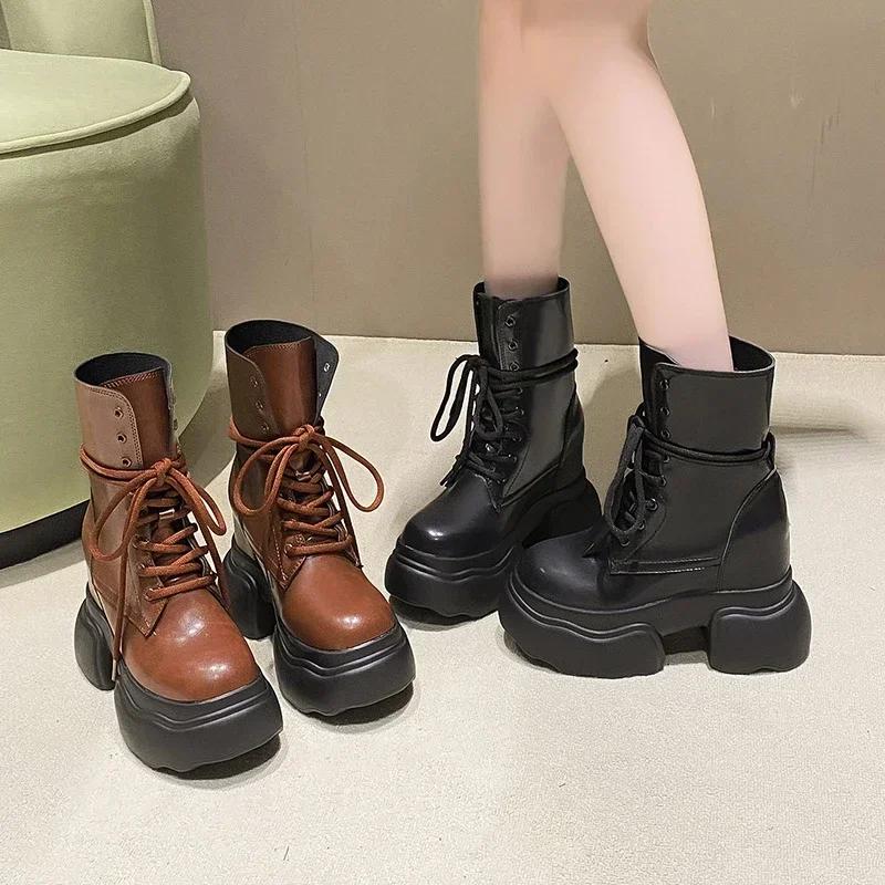 Fashion 2025 New 11cm Women Ankle Boots Platform Mid-Calf Motorcycle Women Shoes Boots Autumn Winter Warm Non-slip Female Short Boots