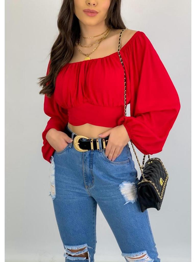 European & American Women's Off-the-Shoulder Lantern Sleeve Crop Top with Lace-Up Design