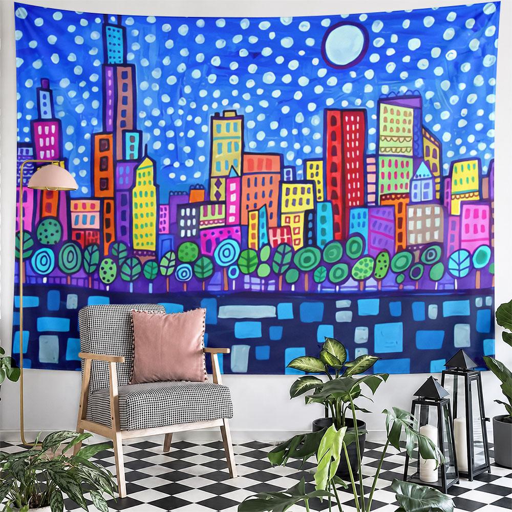 Colorful city skyline with rectangles, trees, and dotted night sky. Patterned tapestry for bedroom and living room home decor