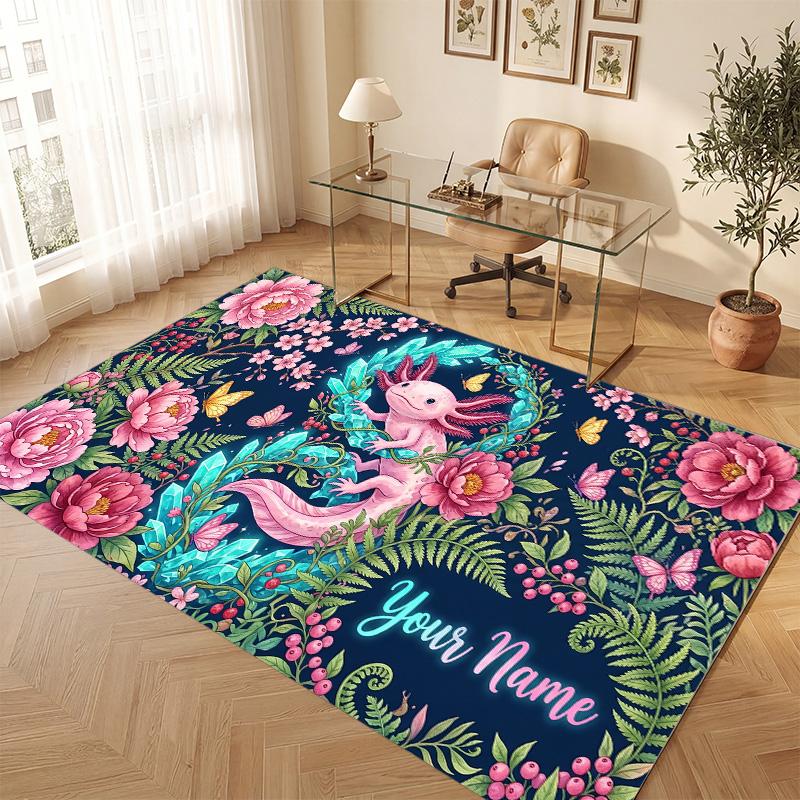 Axolotl Theme Soft Crystal Velvet Rug Custom Name & Text Print Non Slip Floor Rug for Bedroom Living Room