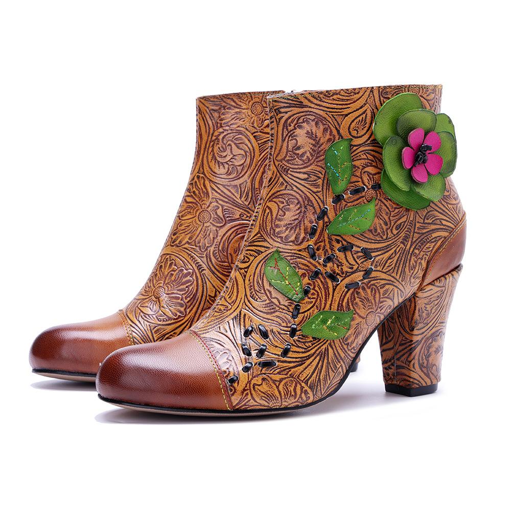 Johnature Genuine Leather Printed High-heeled Short Boots Vintage Flower Thick Heel Side Zipper Women's Boots