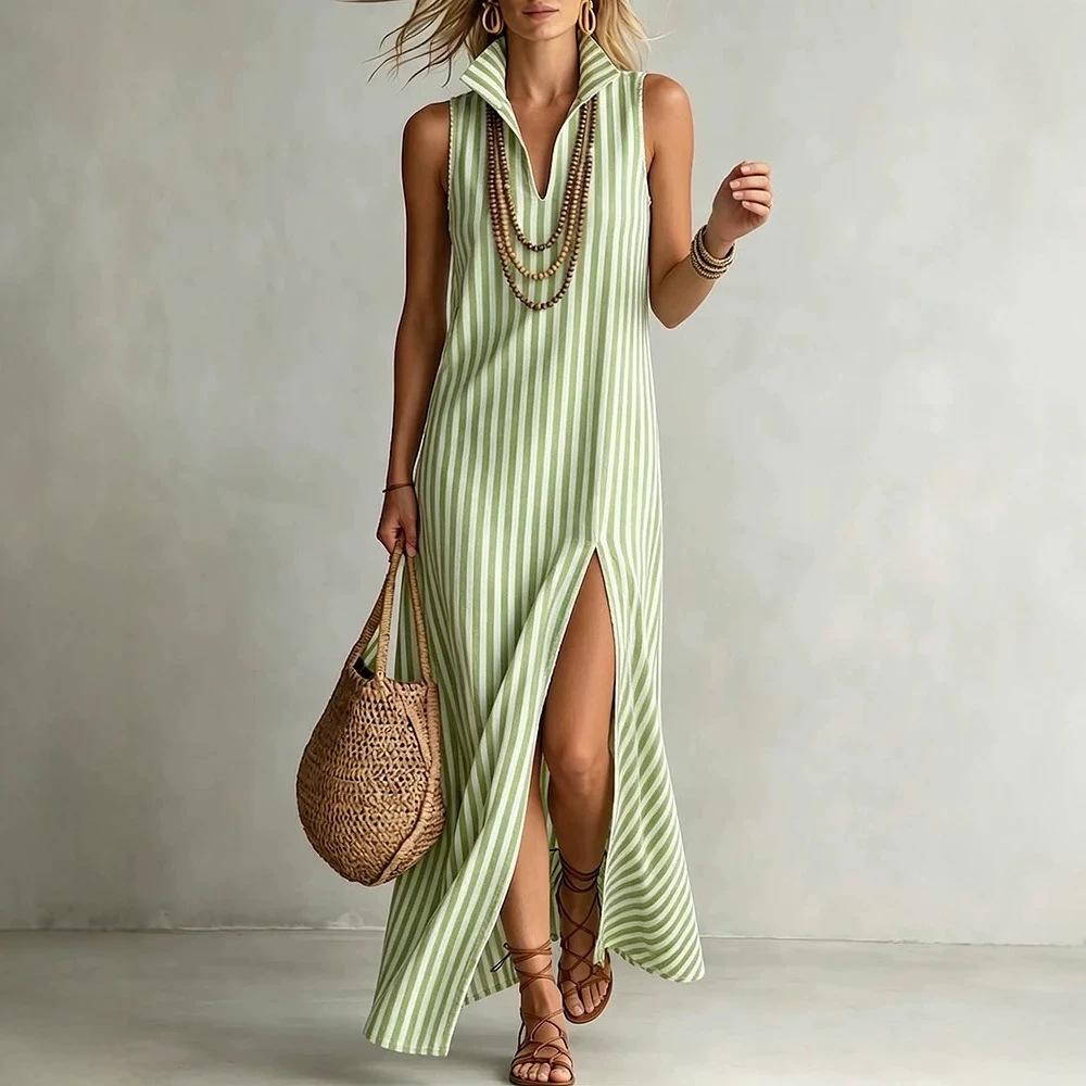 Abito Maxi da Donna a Righe Senza Maniche Scollo a V Spacco Alto Abito Estivo