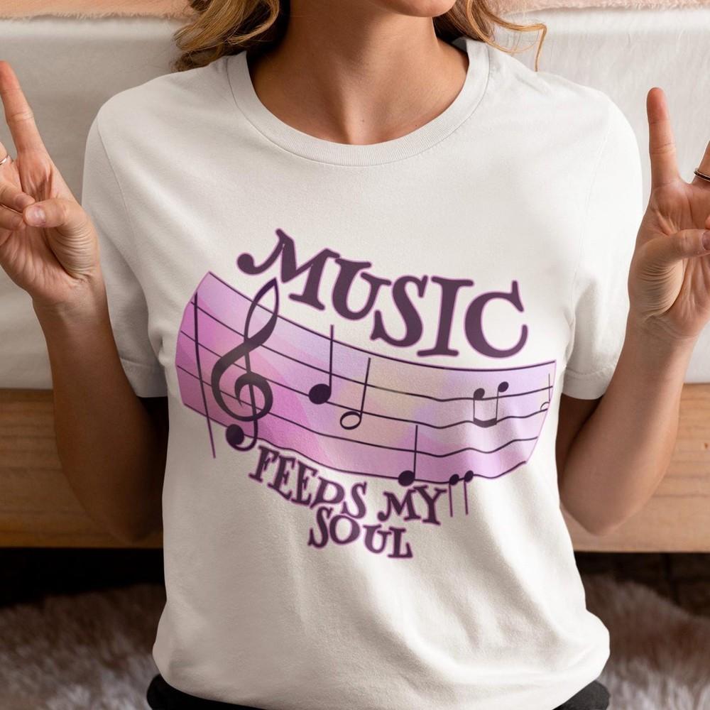 Music Feeds My Soul Graphic T-Shirt, Music Lover Shirt with Musical Notes, Aesth Unisex T-Shirt L