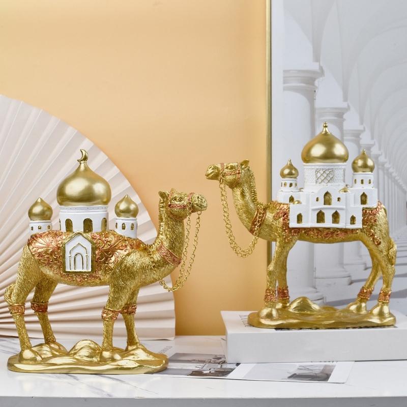 Camels Figurine with Mosque Tower Resin Camels Statue Ornament for Ramadans Eid Mubarak Home Decors Collectibles Gift