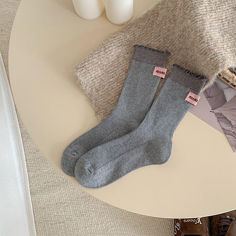 

Color Block Lace Wood Ear Mid-Calf Women s Socks - Cotton, Double Needle, Slimming JK Slouch Style One Size светло-серый