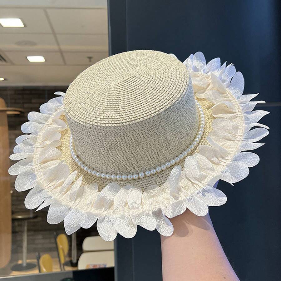Womens Pearl Lace Straw Sun Hat With Wide Brim For Beach And Outdoor Summer Use