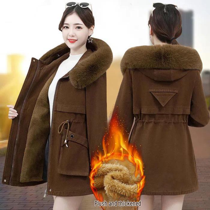 Dámský zimní sametový kabát 2024: Slim Fit, Korejský styl, Kožešinový límec, Teplý, Velká velikost, Středně dlouhý.