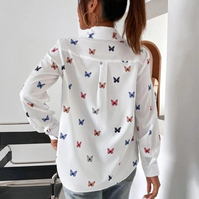 Damen Bluse Modisch Bedrucktes Langarmshirt Schmetterling Bedrucktes Reversshirt