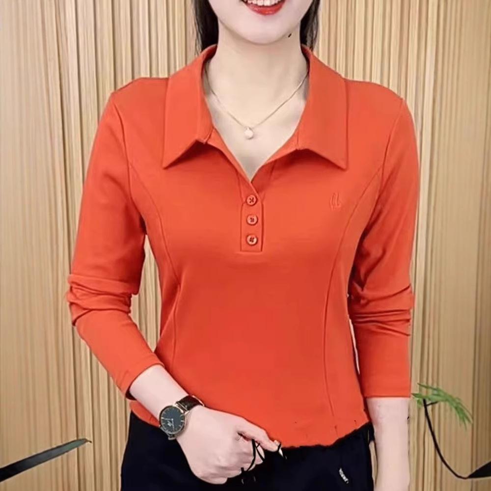 

Новая мода весна/осень 2025 однотонная футболка с лацканами и длинными рукавами, женский вышитый приталенный базовый топ 5XL оранжевый