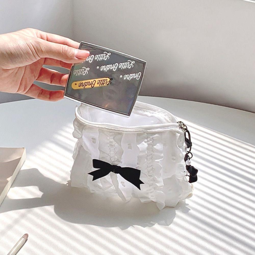 Cute Bow Girls Storage Bag Soft Solid Color Coin Purse Large Capacity Lipstick Headphone Bag Lace Clutch Bag