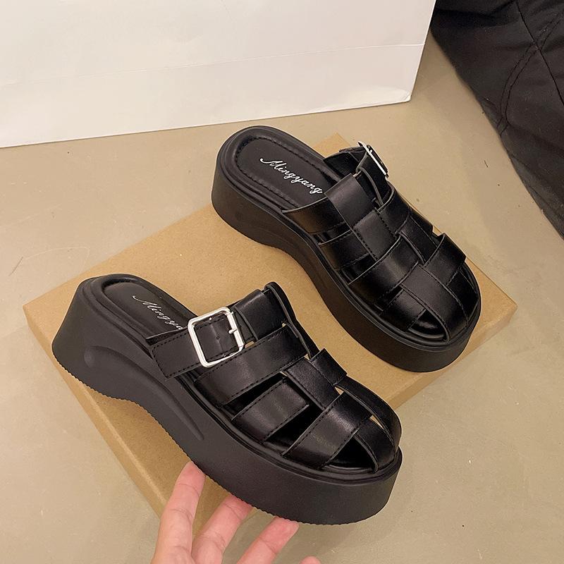 

Плетеные полушлепанцы с толстой подошвой и закрытым носком, женские, лето 2025, новые, удобные и легкие, повседневные шлепанцы с одним ремешком. 40 чёрный