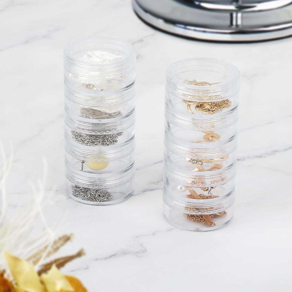 5 Sets Stackable Round Plastic Containers Clear Bead Storage Containers Box with 5 Compartment Mini Travel Jewelry Organizer Box