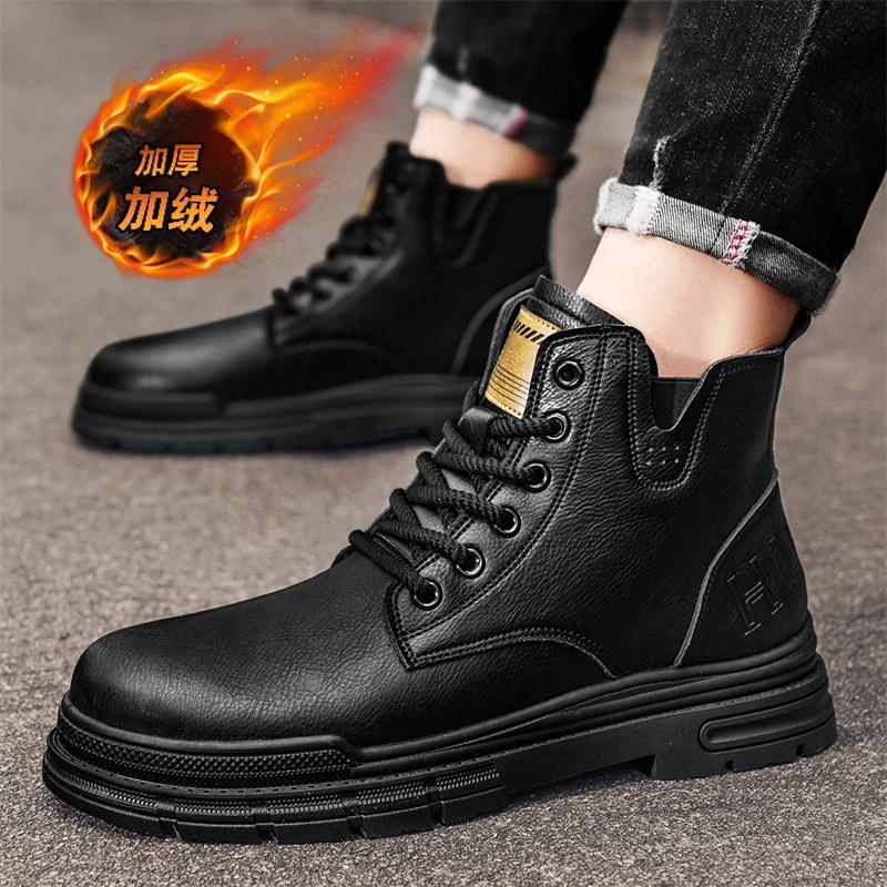 Mote Høye Retro Støvler Herre Lær Motorsykkelstøvler Mote Motorsykkel Ankelstøvlett for Menn Vinter Casual Herresko Snøring Høy Kvalitet