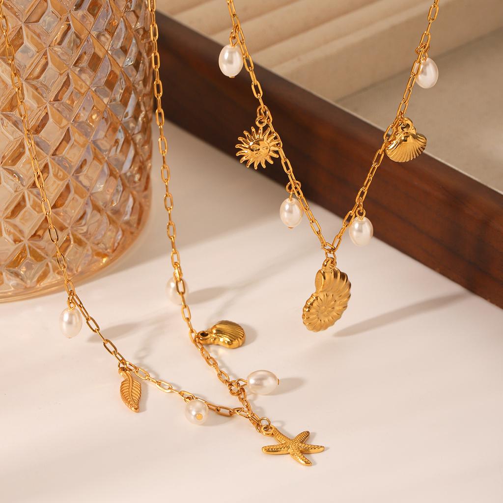 Beach Starfish Shell Pendant Necklace with Pearl Accents for Women