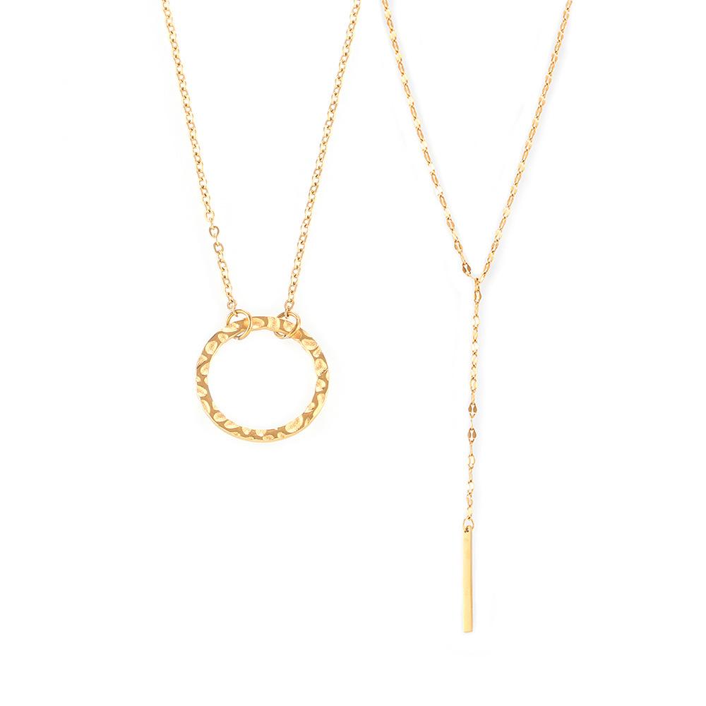 Korean Geometric Circle Pendant Y-Tassel Choker, Layerable Cool Style, Gold-Plated Titanium Steel Necklace