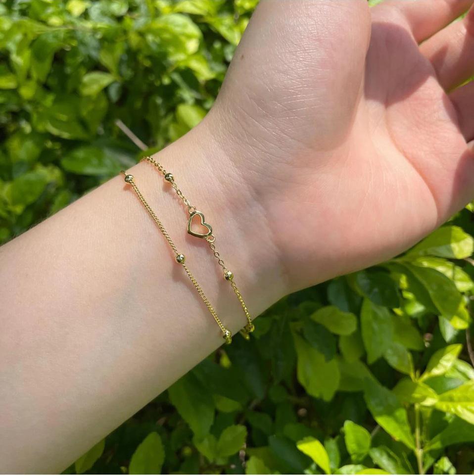 Exquisites Doppelschicht-Herz-Charm-Armband mit Kugelkette - Moderner japanischer & koreanischer Stil