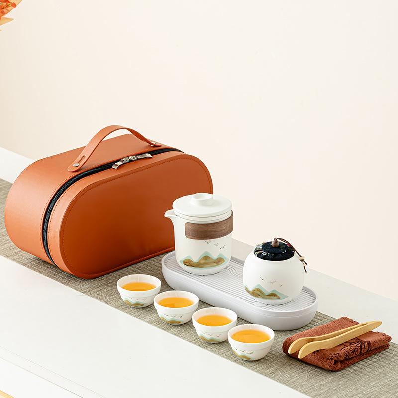 The whole set of creative ceramics, coarse pottery travel kung fu tea set, one pot and four cups, easy to store, office meeting and giving gifts