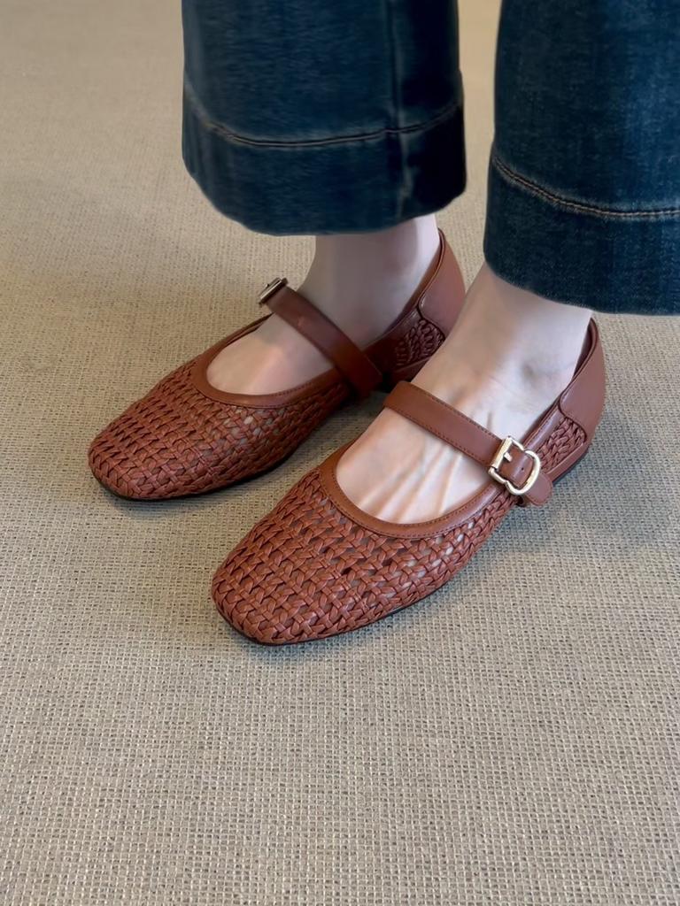 Sheepskin Version Niche Hollow Retro Woven One-word Strap Single Shoes Women's Summer New Flat Mary Jane Shoes Hole Shoes