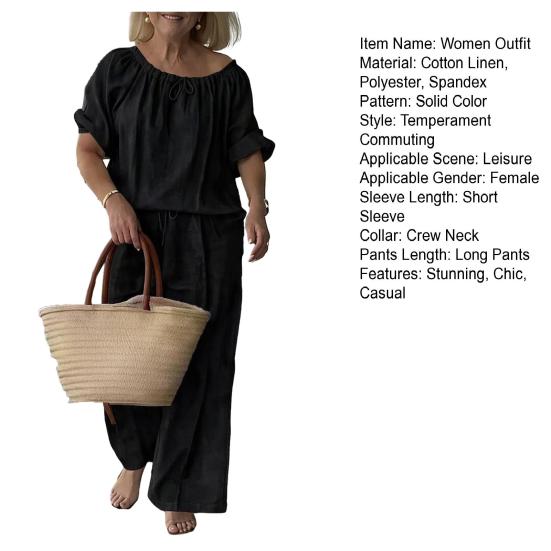 Summer Cotton Linen 2 Piece Outfits for Women Casual Short Sleeve Drawstring Crew Neck Top And Wide-Leg Pants Lounge Matching Set
