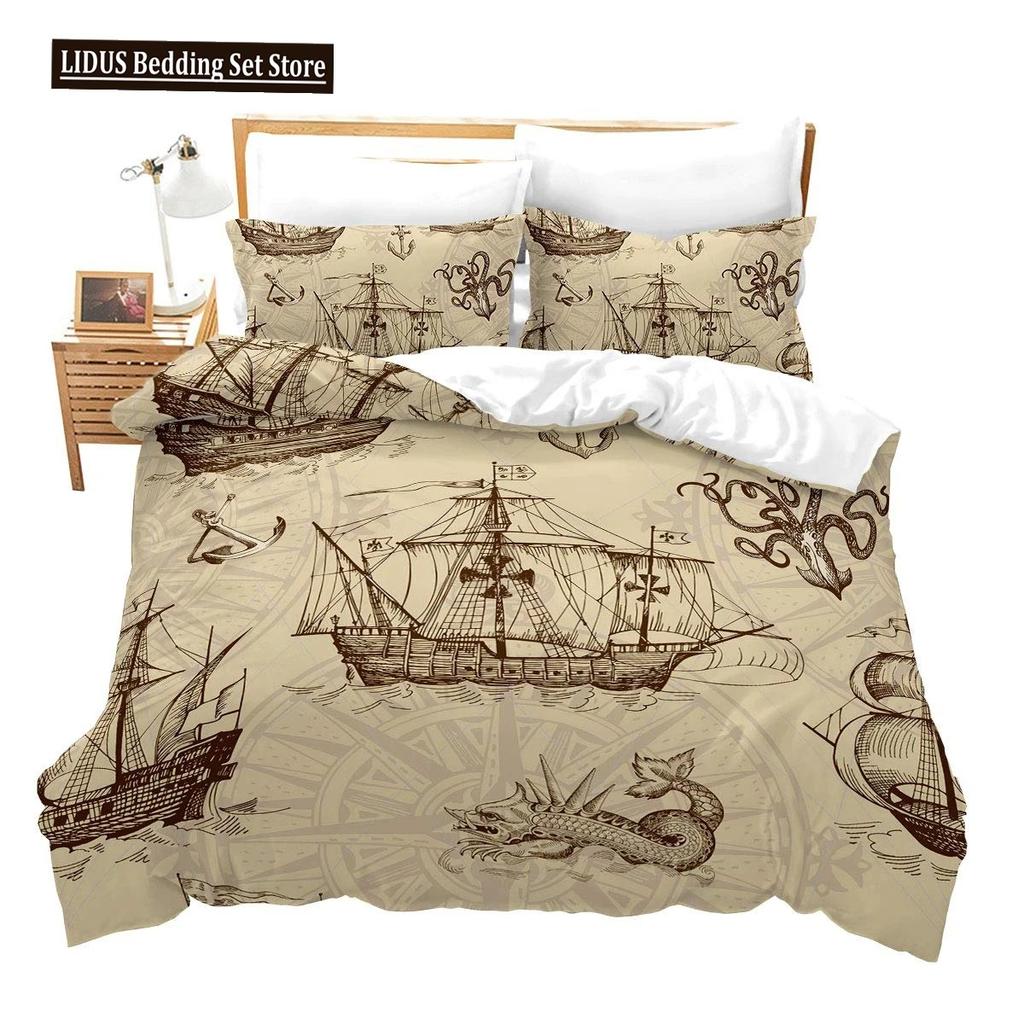 Pirate Duvet Cover Set Queen Sailboat Comforter Set Nautical Ocean Bedding Set Cool Style Quilt Co
