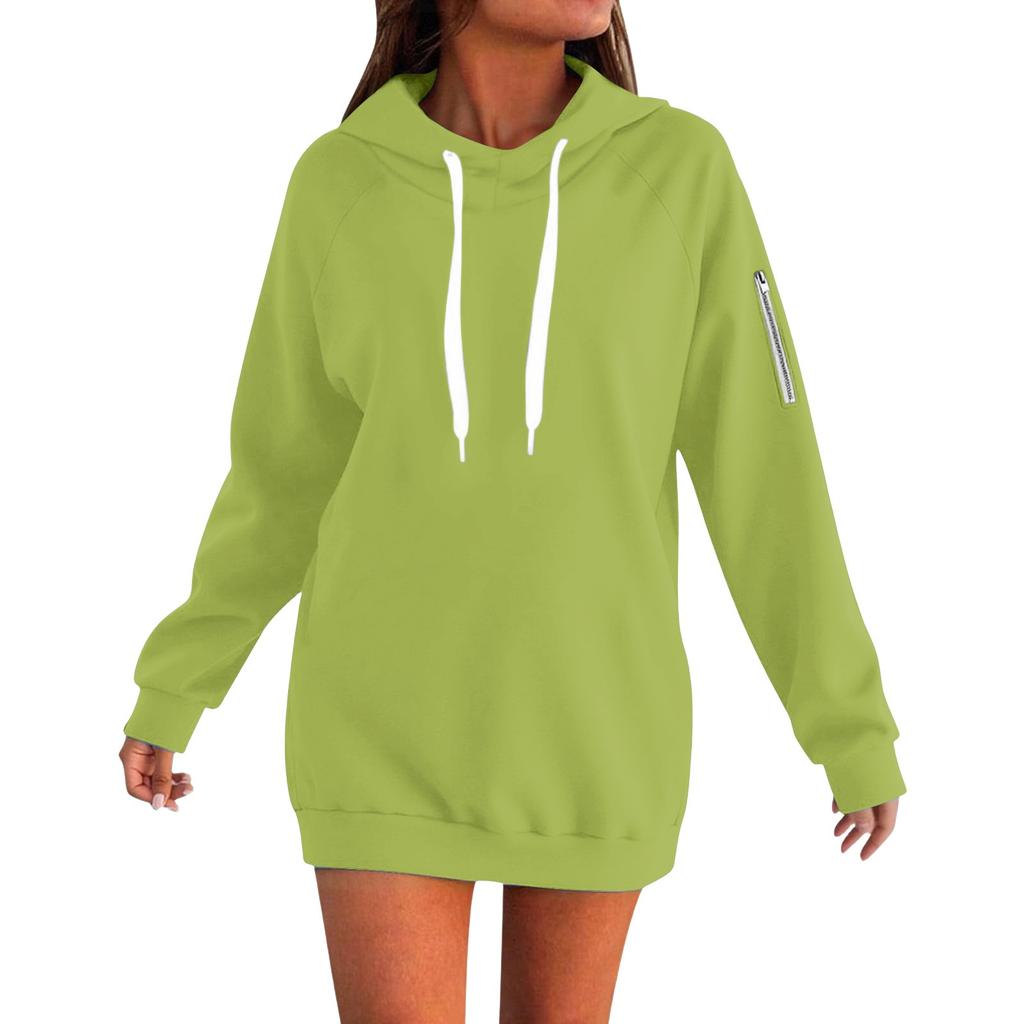 Women's Loose Long Sleeved Solid Color Hooded Sweatshirt With Velvet Drawstring