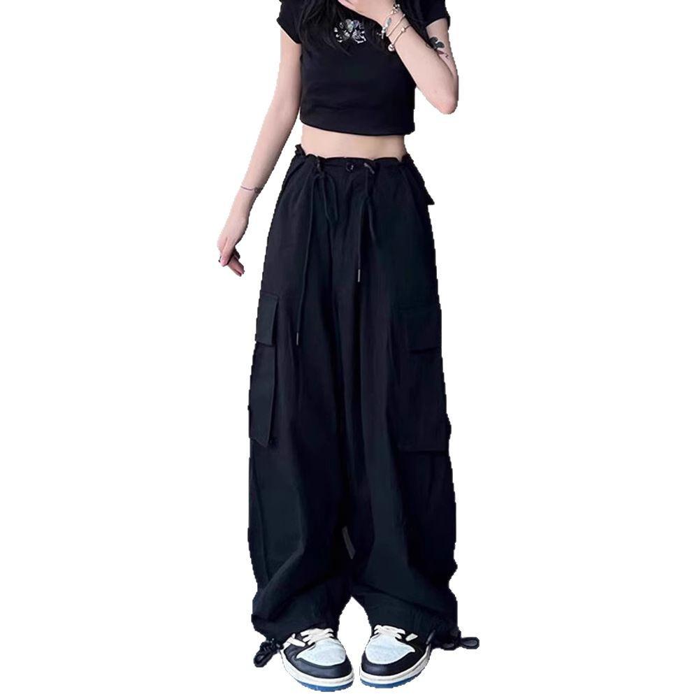 Women's Black Quick-Dry Wide-Leg Cargo Pants for Summer - Petite Jazz Street Dance Trend